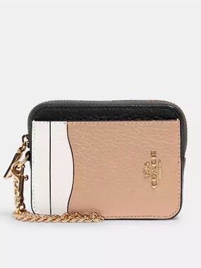NWT Coach Beige White and Black Colorblock Leather Card Case with Chain